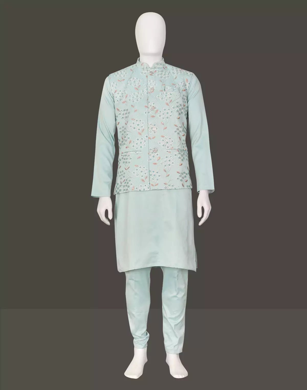 Image of Embroidered Satin Kurta Jacket Set in Sky - South India Shopping Mall