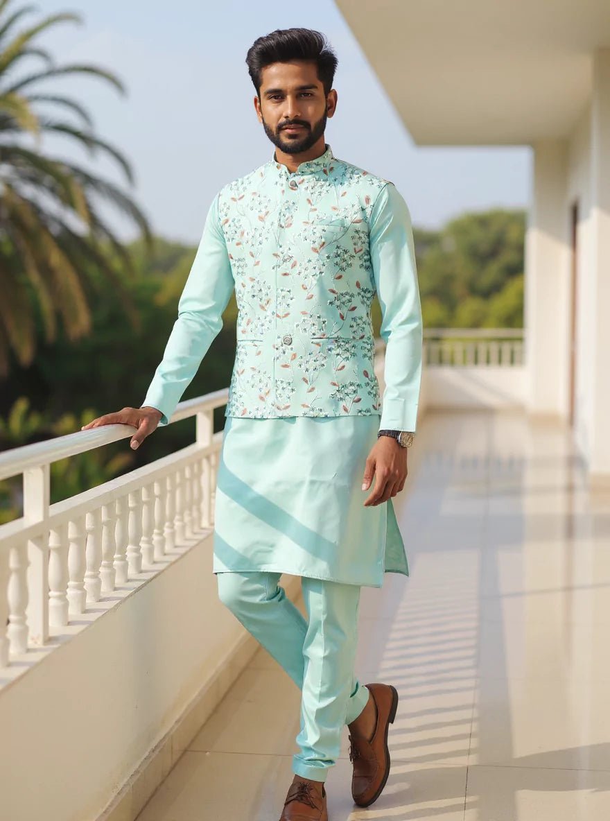 Image of Embroidered Satin Kurta Jacket Set in Sky - South India Shopping Mall
