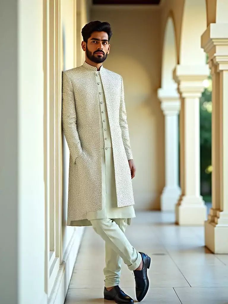 Image of Emerald Pista Floral Patterned Milky Silk Embellished work Indo Open Jacket Style - South India Shopping Mall