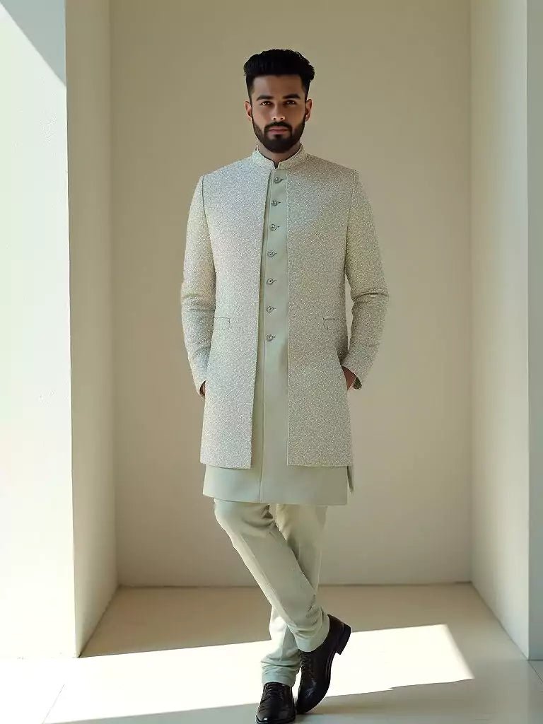 Image of Emerald Pista Floral Patterned Milky Silk Embellished work Indo Open Jacket Style - South India Shopping Mall