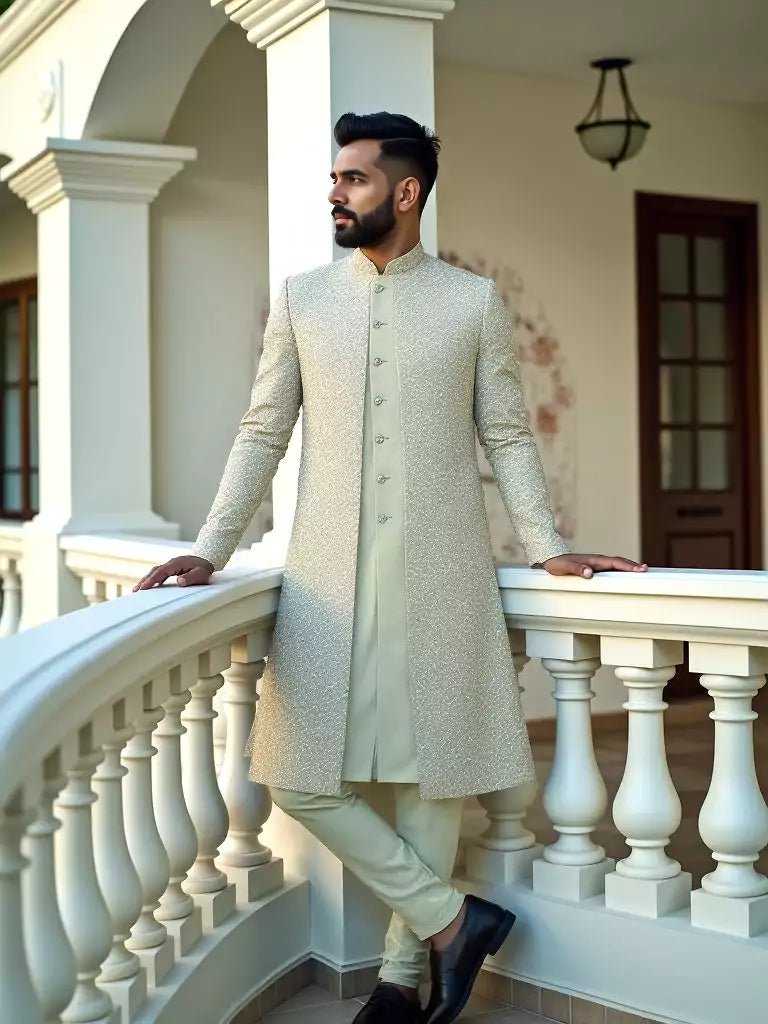 Image of Emerald Pista Floral Patterned Milky Silk Embellished work Indo Open Jacket Style - South India Shopping Mall