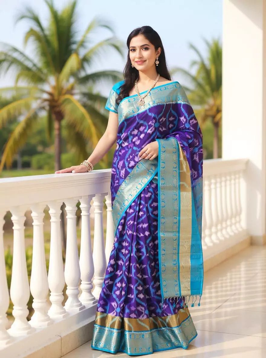 Image of Ethereal Royal Blue Ikat Coimbatore Pure Silk Saree - South India Shopping Mall