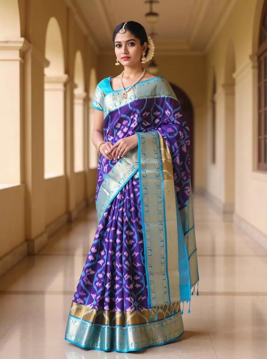 Image of Ethereal Royal Blue Ikat Coimbatore Pure Silk Saree - South India Shopping Mall