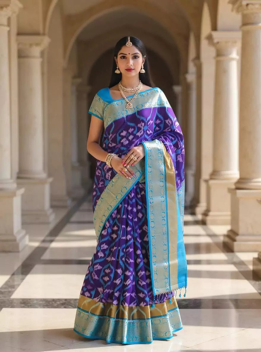 Image of Ethereal Royal Blue Ikat Coimbatore Pure Silk Saree - South India Shopping Mall