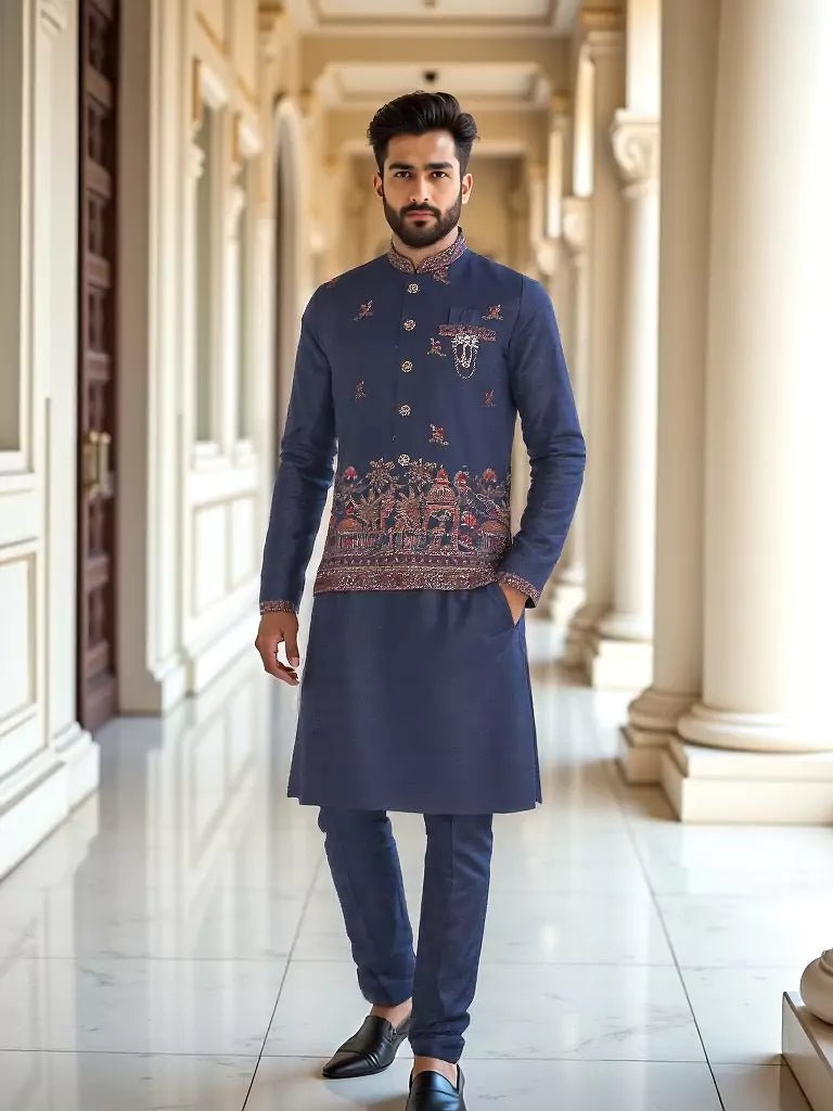 Image of Exclusive Navy Blue Raw Silk Kurta and Koti Jacket Set - South India Shopping Mall
