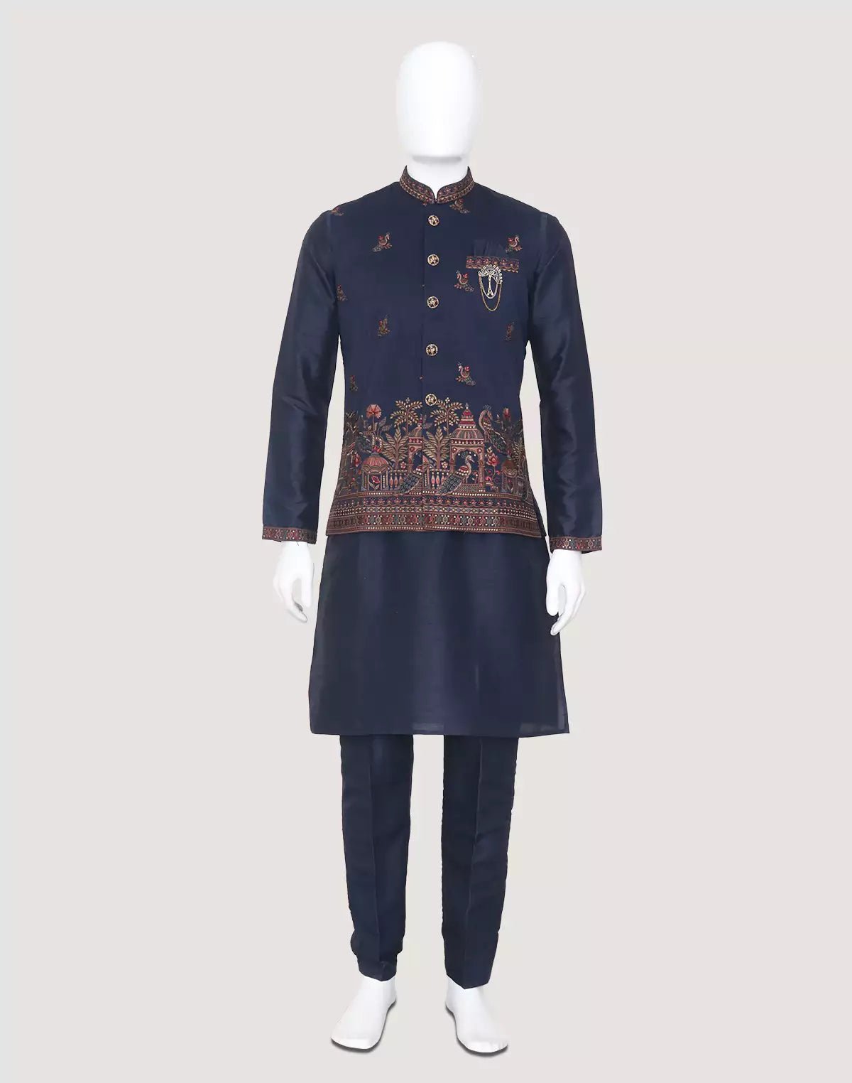 Image of Exclusive Navy Blue Raw Silk Kurta and Koti Jacket Set - South India Shopping Mall