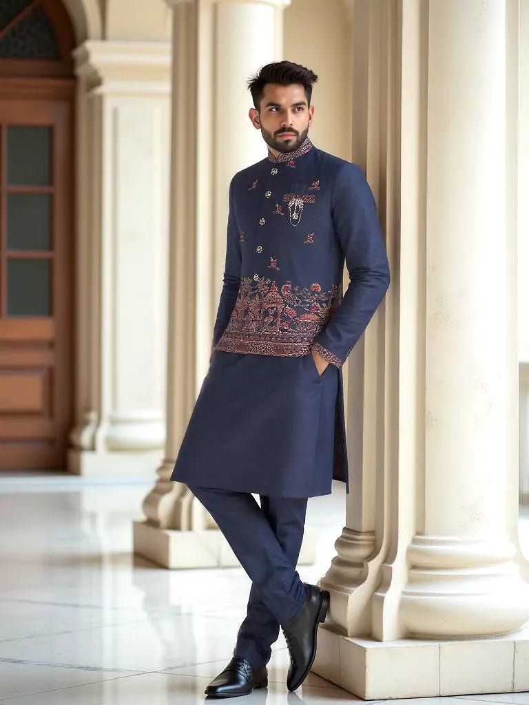 Image of Exclusive Navy Blue Raw Silk Kurta and Koti Jacket Set - South India Shopping Mall
