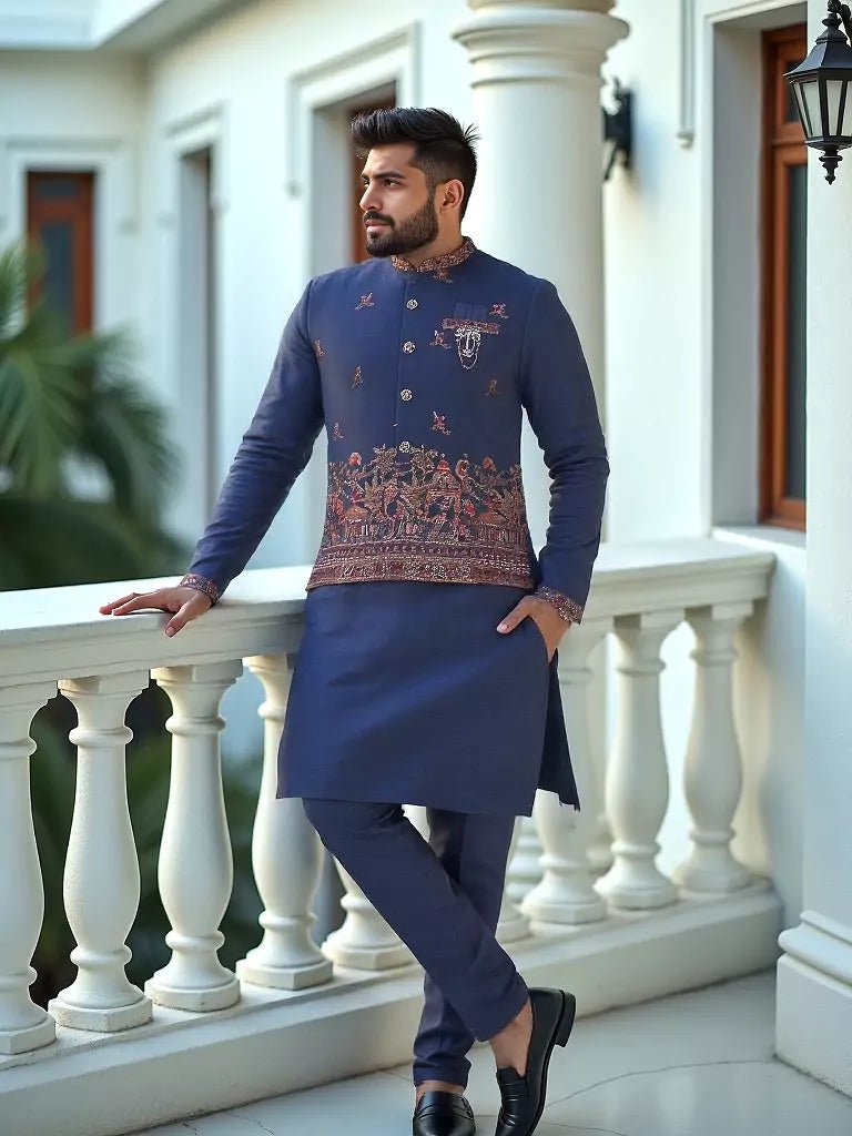 Image of Exclusive Navy Blue Raw Silk Kurta and Koti Jacket Set - South India Shopping Mall