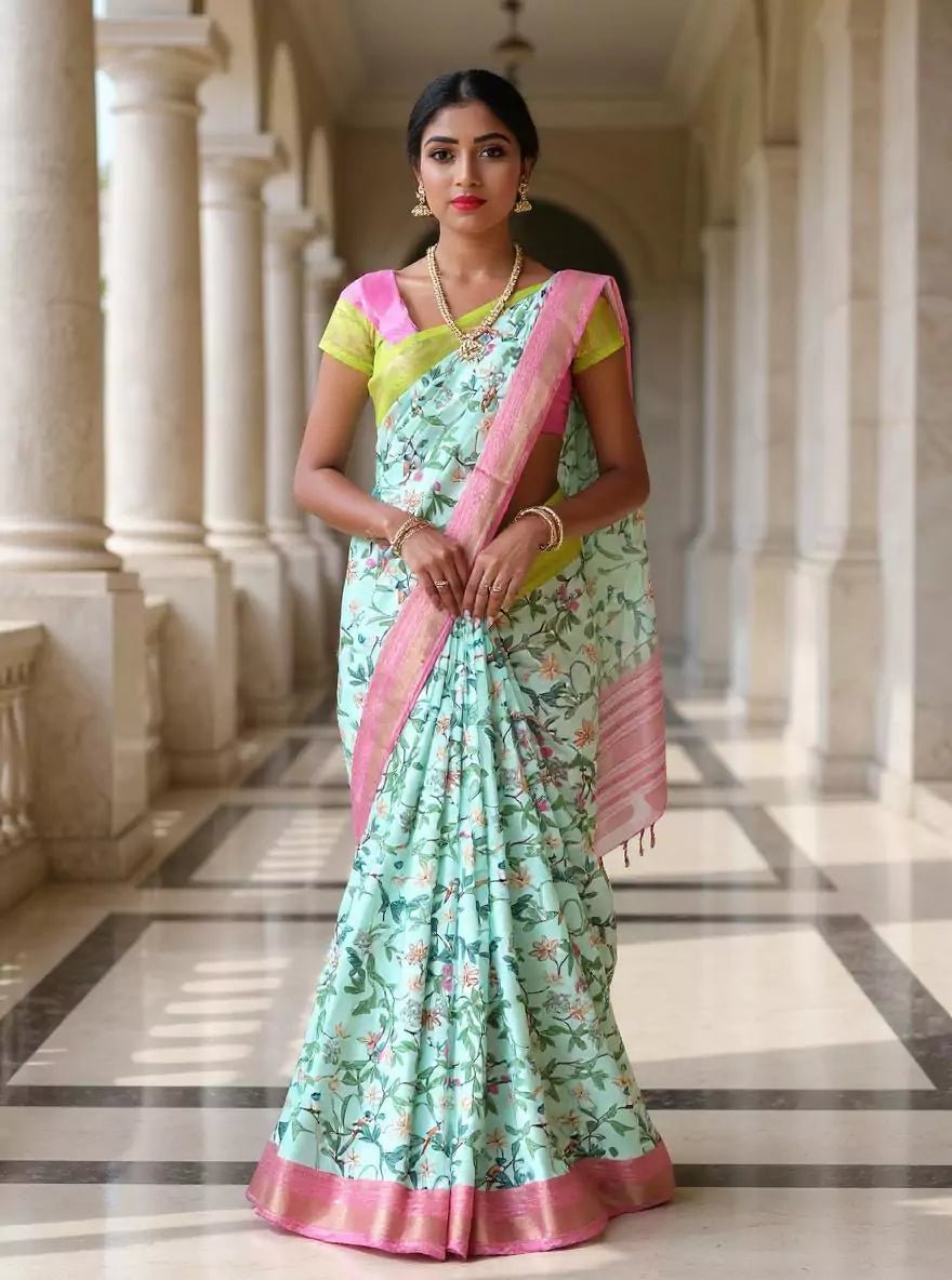 Image of Exclusive Woven Ganga Jamuna Border Sea Green Floral Dola Silk Saree - South India Shopping Mall