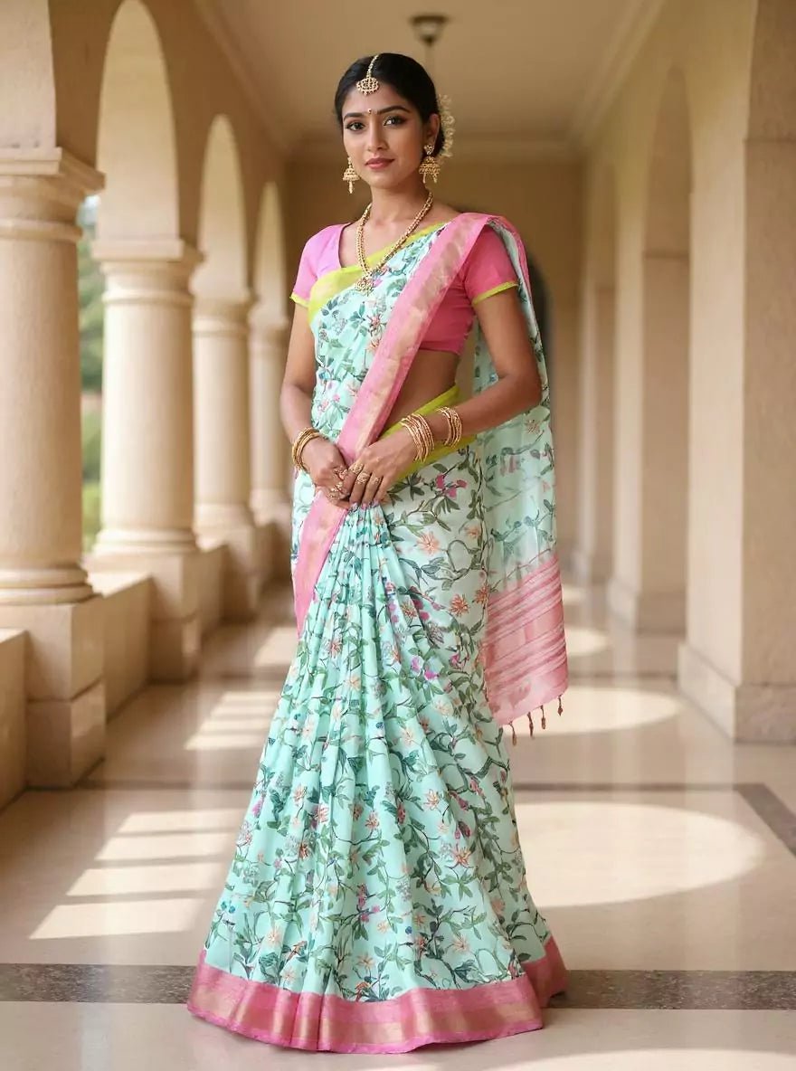 Image of Exclusive Woven Ganga Jamuna Border Sea Green Floral Dola Silk Saree - South India Shopping Mall