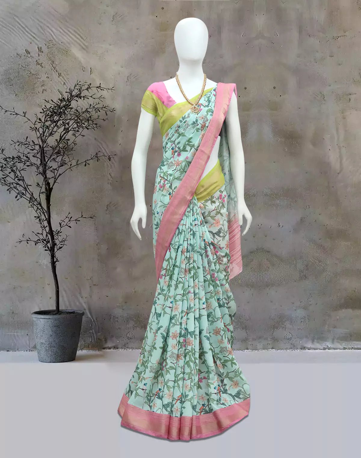 Image of Exclusive Woven Ganga Jamuna Border Sea Green Floral Dola Silk Saree - South India Shopping Mall