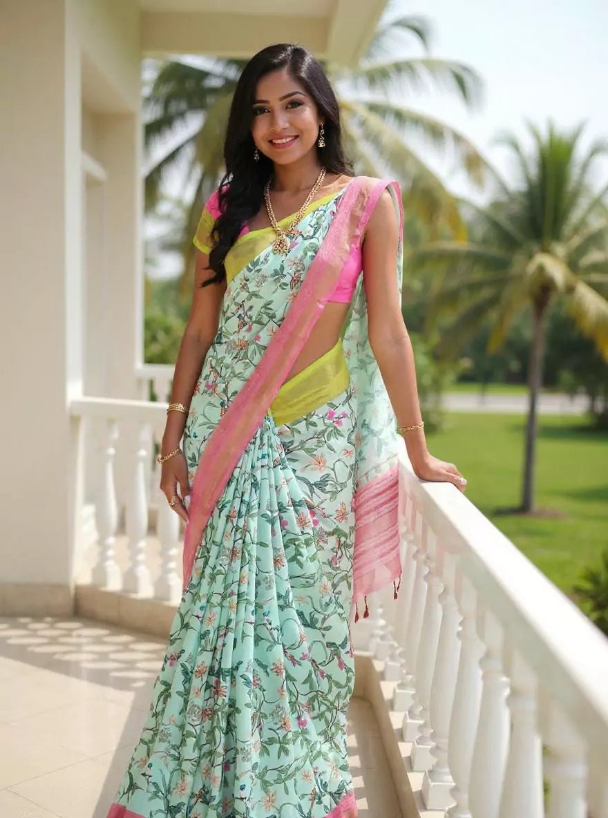 Image of Exclusive Woven Ganga Jamuna Border Sea Green Floral Dola Silk Saree - South India Shopping Mall