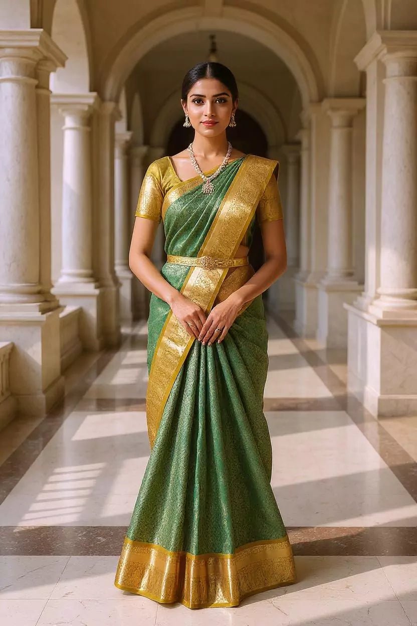 Image of Fabulous Green Golden Brocade Zari work Kanchi Pattu Saree - South India Shopping Mall
