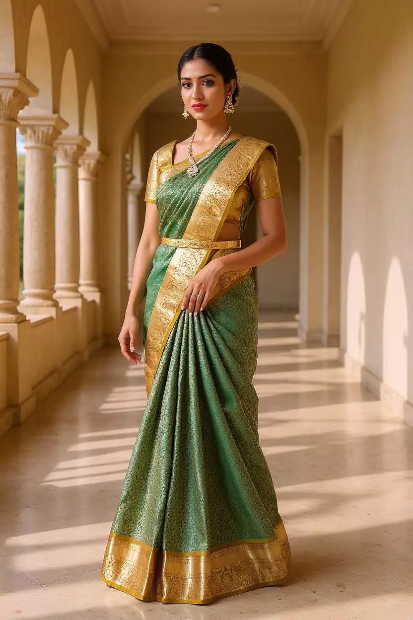 Image of Fabulous Green Golden Brocade Zari work Kanchi Pattu Saree - South India Shopping Mall