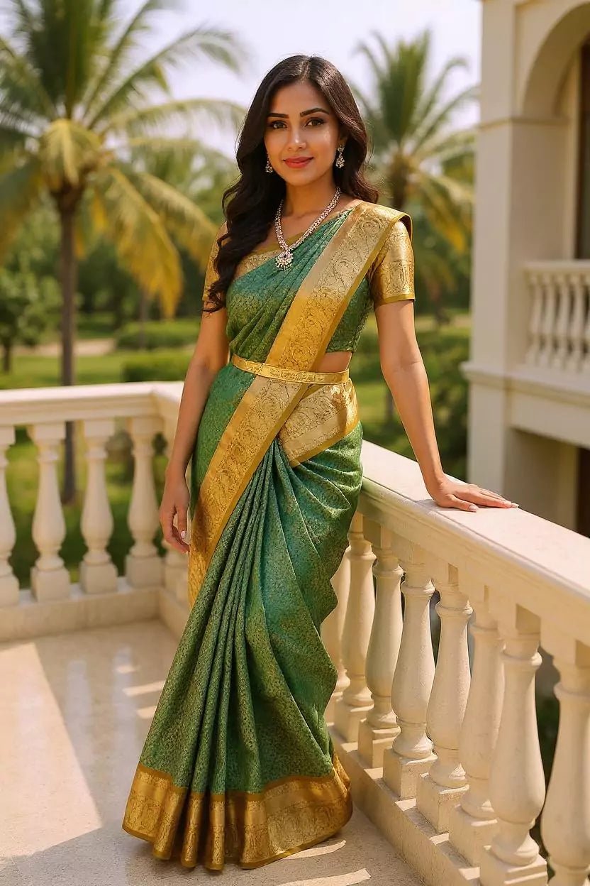 Image of Fabulous Green Golden Brocade Zari work Kanchi Pattu Saree - South India Shopping Mall