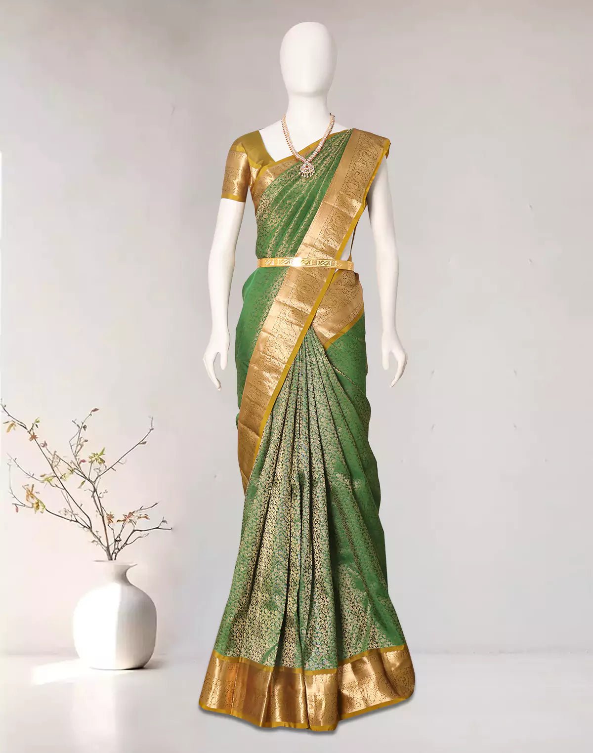 Image of Fabulous Green Golden Brocade Zari work Kanchi Pattu Saree - South India Shopping Mall