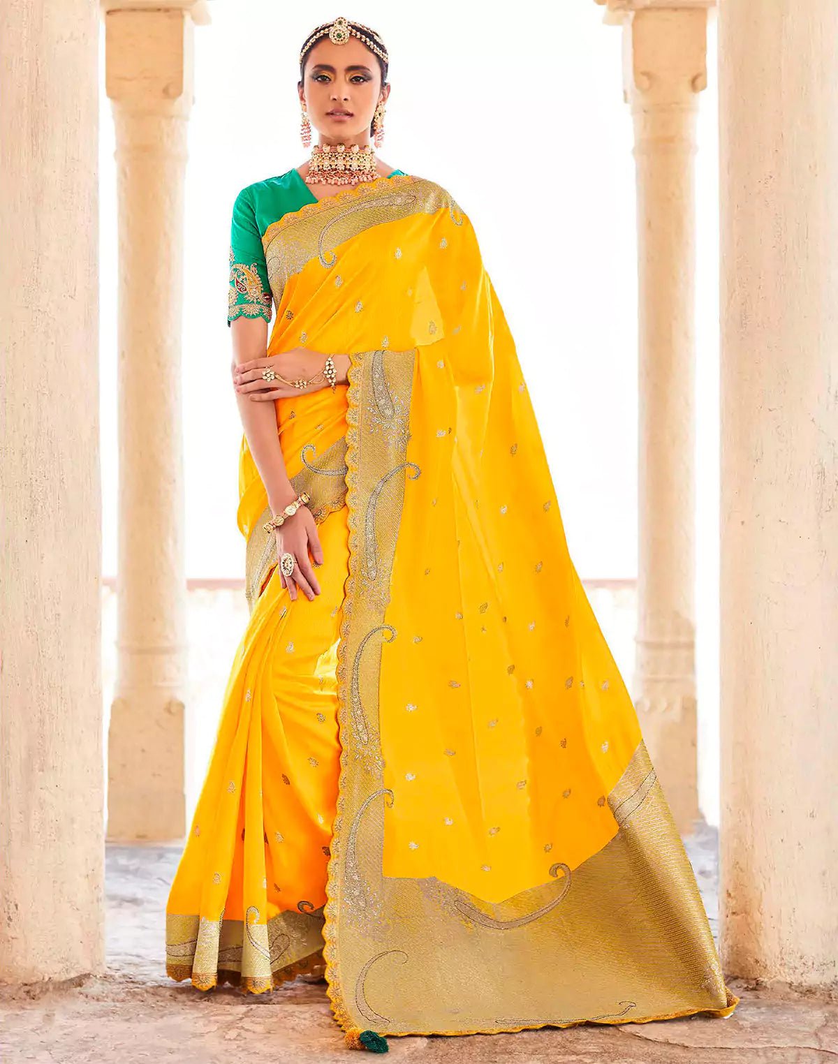 Image of Fancy Lace Border Dola Silk Contrast Saree With Embroidered Blouse - South India Shopping Mall