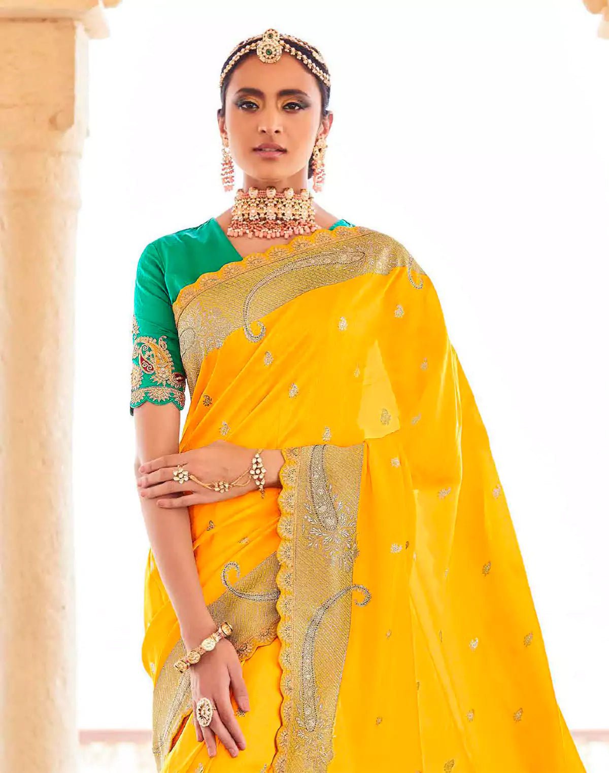 Image of Fancy Lace Border Dola Silk Contrast Saree With Embroidered Blouse - South India Shopping Mall