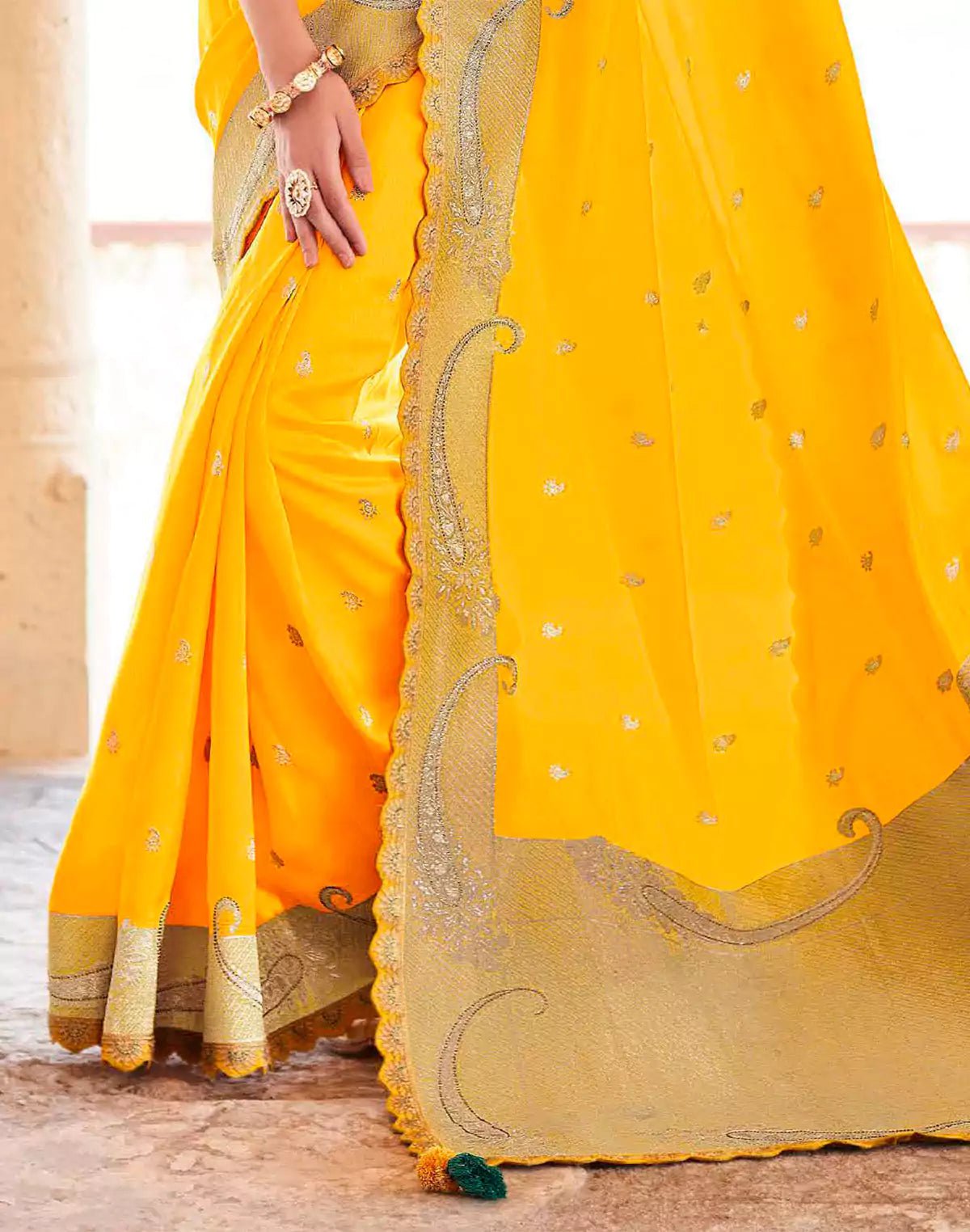 Image of Fancy Lace Border Dola Silk Contrast Saree With Embroidered Blouse - South India Shopping Mall