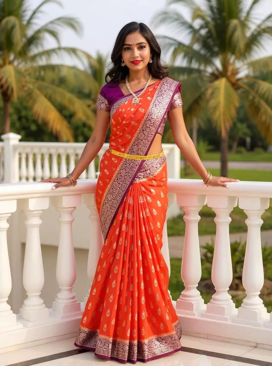 Image of Fanta Orange Raw Silver Floral Booti's Banaras Chinon Silk Saree - South India Shopping Mall