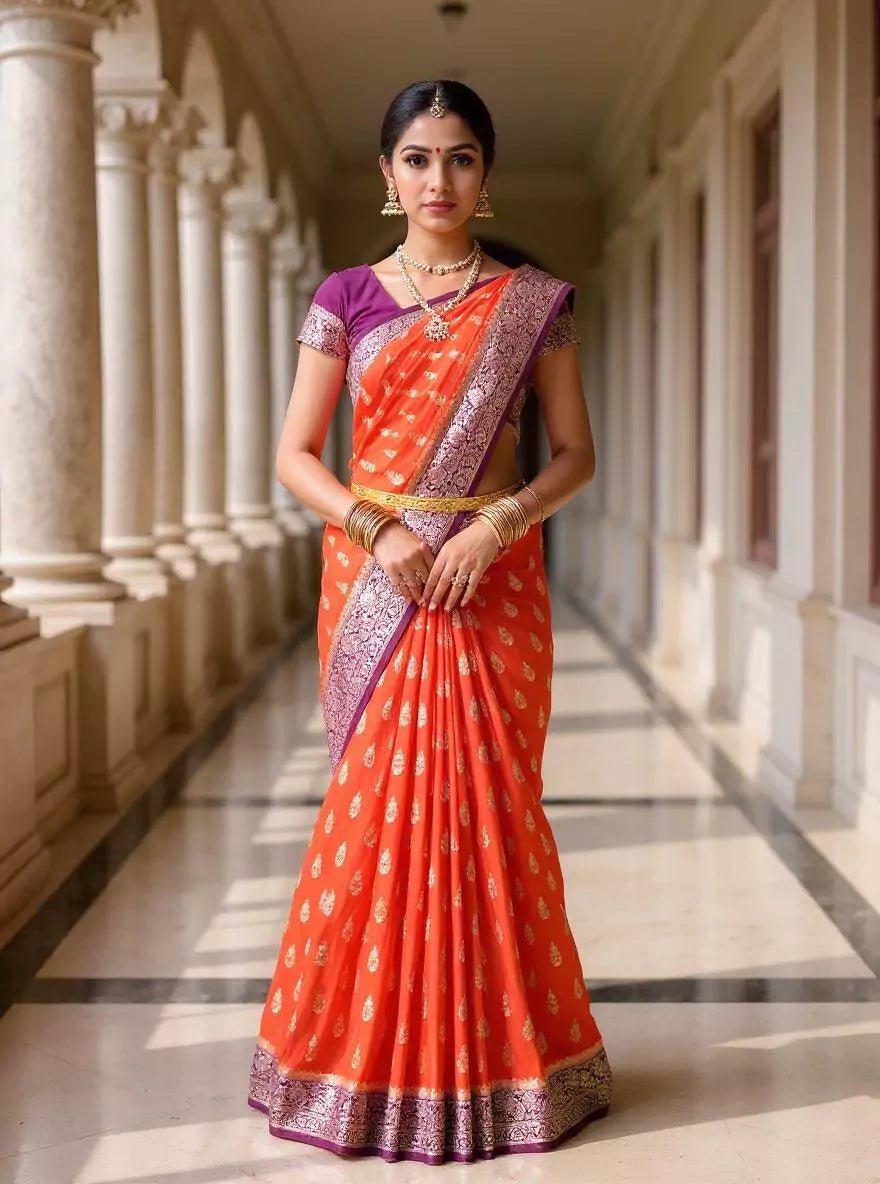 Image of Fanta Orange Raw Silver Floral Booti's Banaras Chinon Silk Saree - South India Shopping Mall