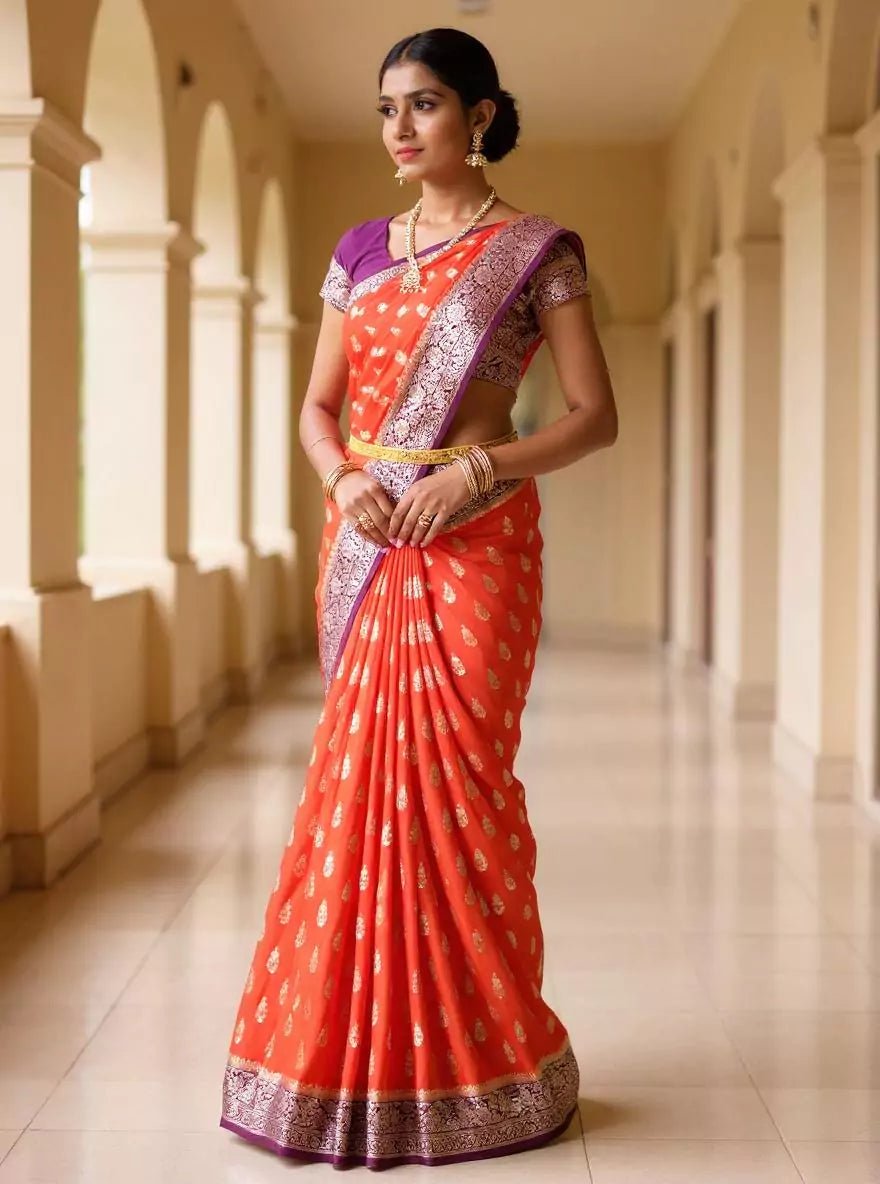 Image of Fanta Orange Raw Silver Floral Booti's Banaras Chinon Silk Saree - South India Shopping Mall