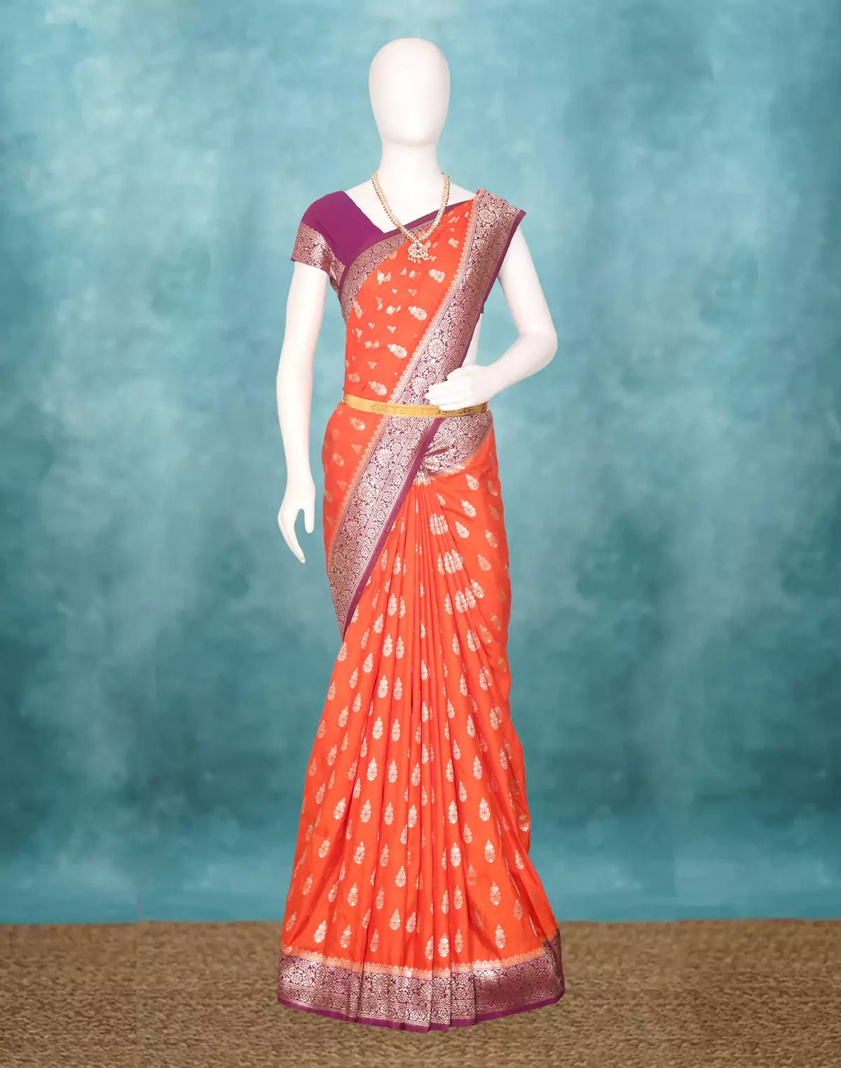 Image of Fanta Orange Raw Silver Floral Booti's Banaras Chinon Silk Saree - South India Shopping Mall