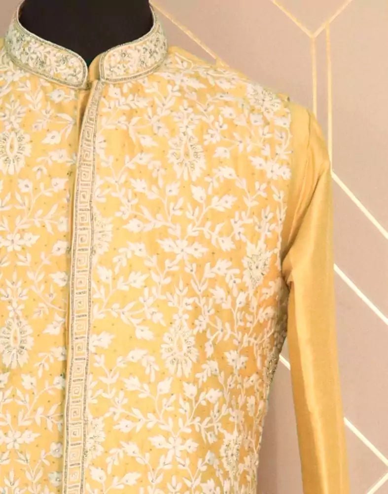 Image of Fashionable Yellow Plain Cotton Silk Kurta Jacket Set - South India Shopping Mall