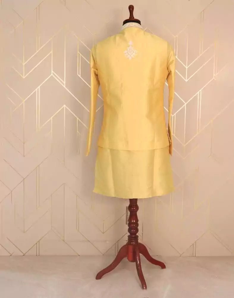 Image of Fashionable Yellow Plain Cotton Silk Kurta Jacket Set - South India Shopping Mall
