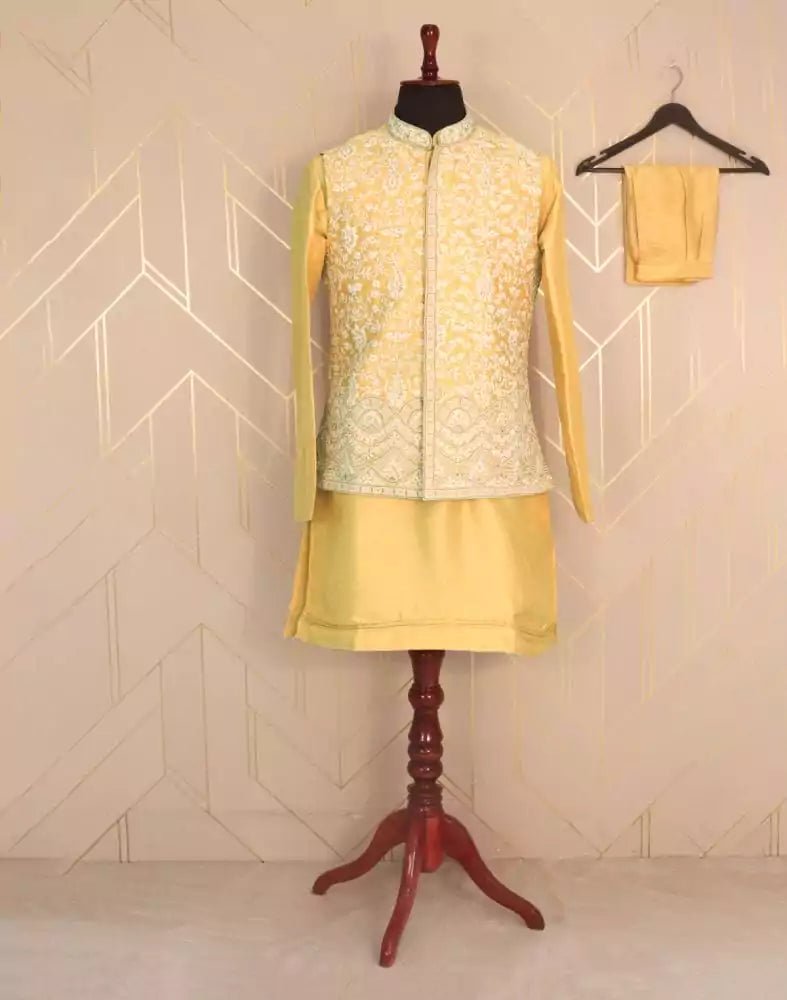 Image of Fashionable Yellow Plain Cotton Silk Kurta Jacket Set - South India Shopping Mall