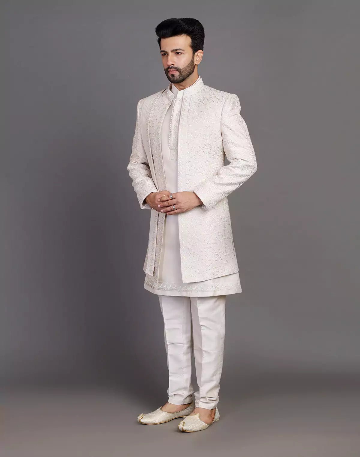 Image of Fawn Colour Raw Silk All Over Embroidery Work Indo Open Jacket With Dupatta - South India Shopping Mall