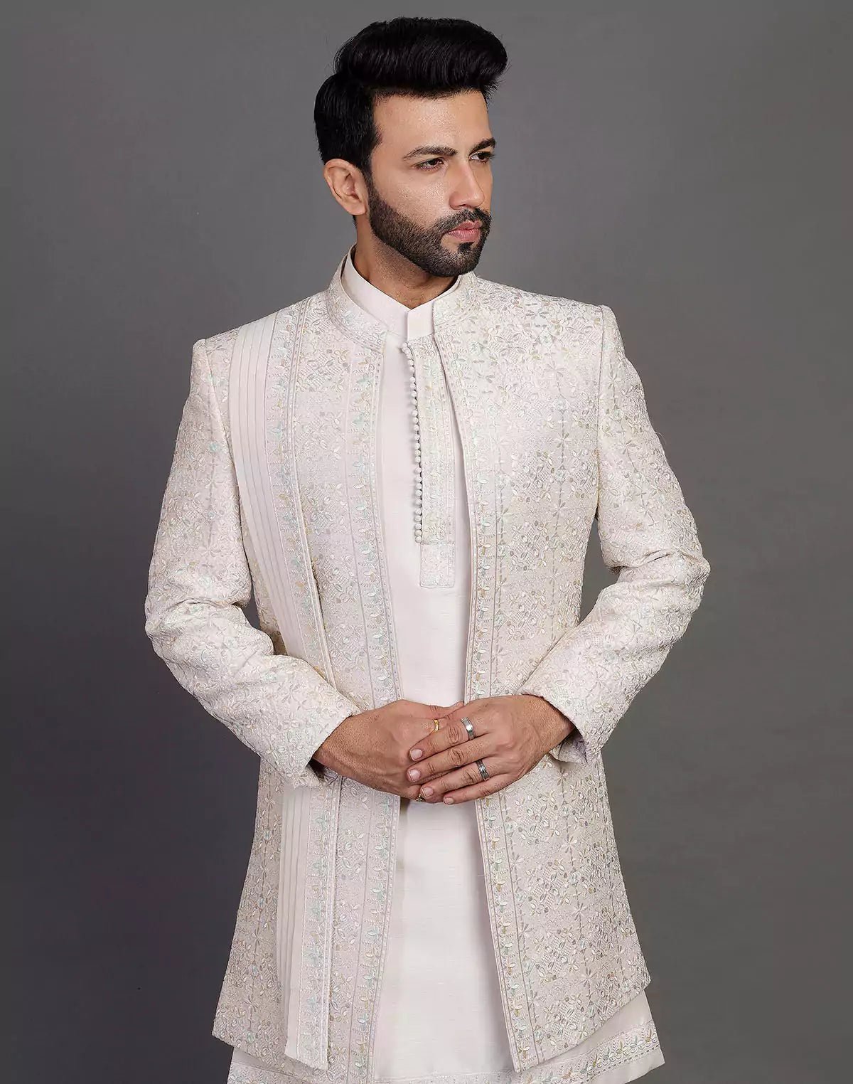 Image of Fawn Colour Raw Silk All Over Embroidery Work Indo Open Jacket With Dupatta - South India Shopping Mall
