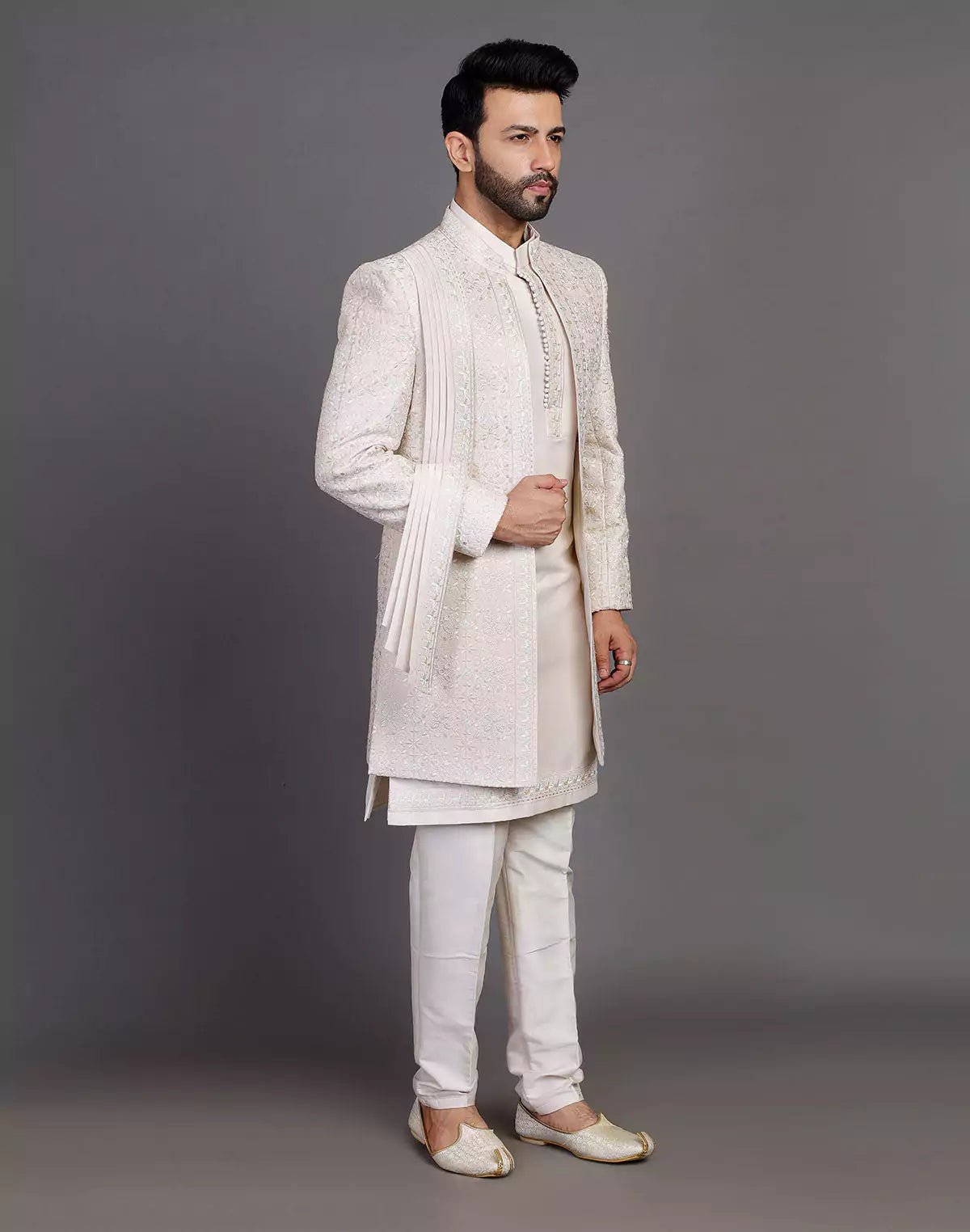 Image of Fawn Colour Raw Silk All Over Embroidery Work Indo Open Jacket With Dupatta - South India Shopping Mall