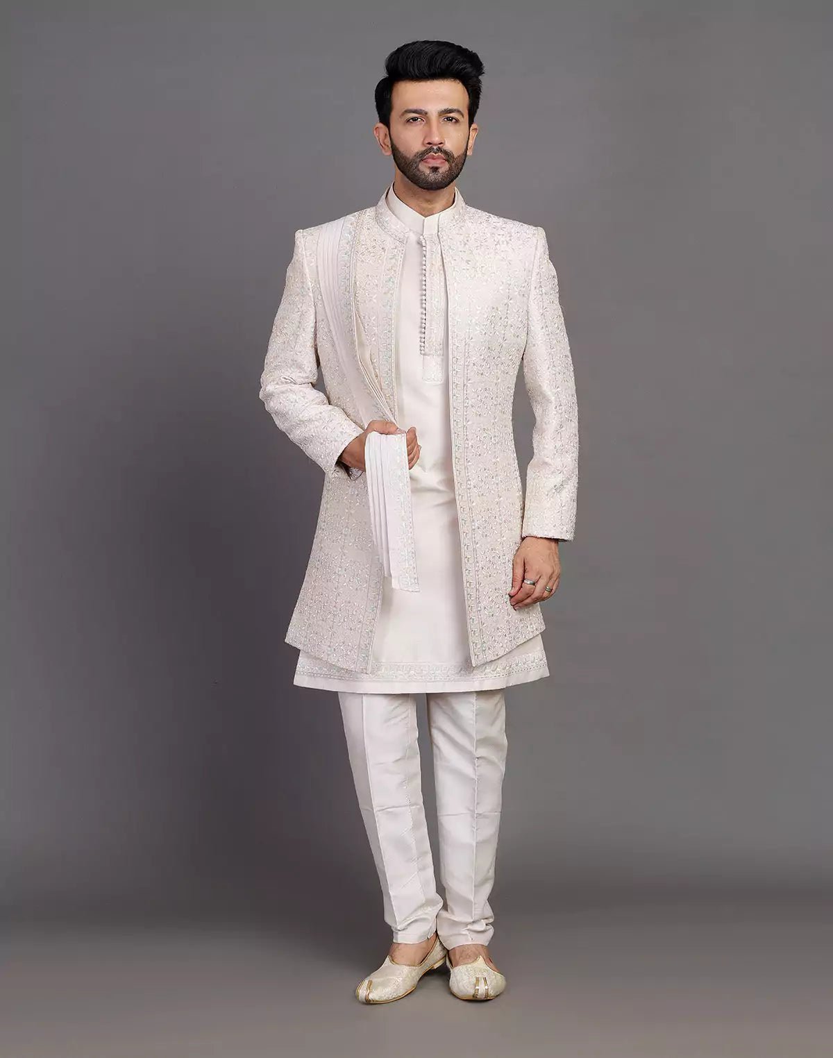 Image of Fawn Colour Raw Silk All Over Embroidery Work Indo Open Jacket With Dupatta - South India Shopping Mall