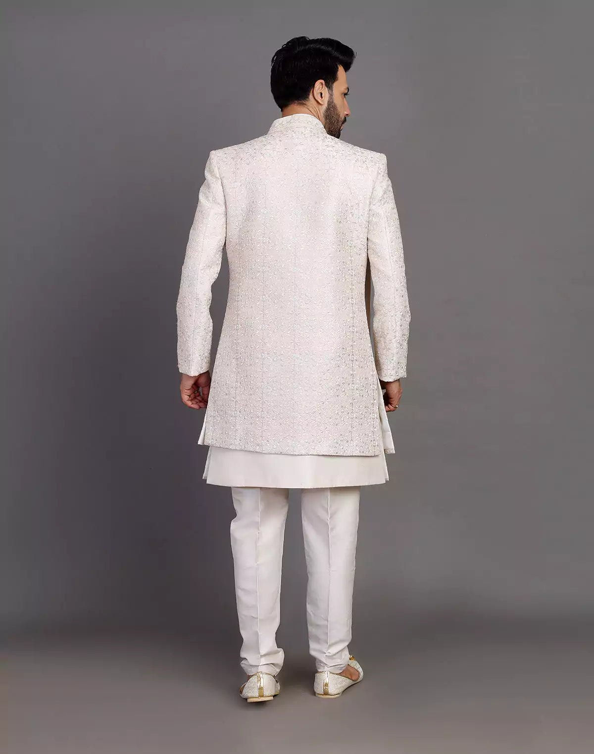 Image of Fawn Colour Raw Silk All Over Embroidery Work Indo Open Jacket With Dupatta - South India Shopping Mall