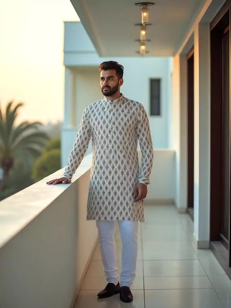 Image of Fawn Coloured Ikat Print Cotton Kurta - South India Shopping Mall