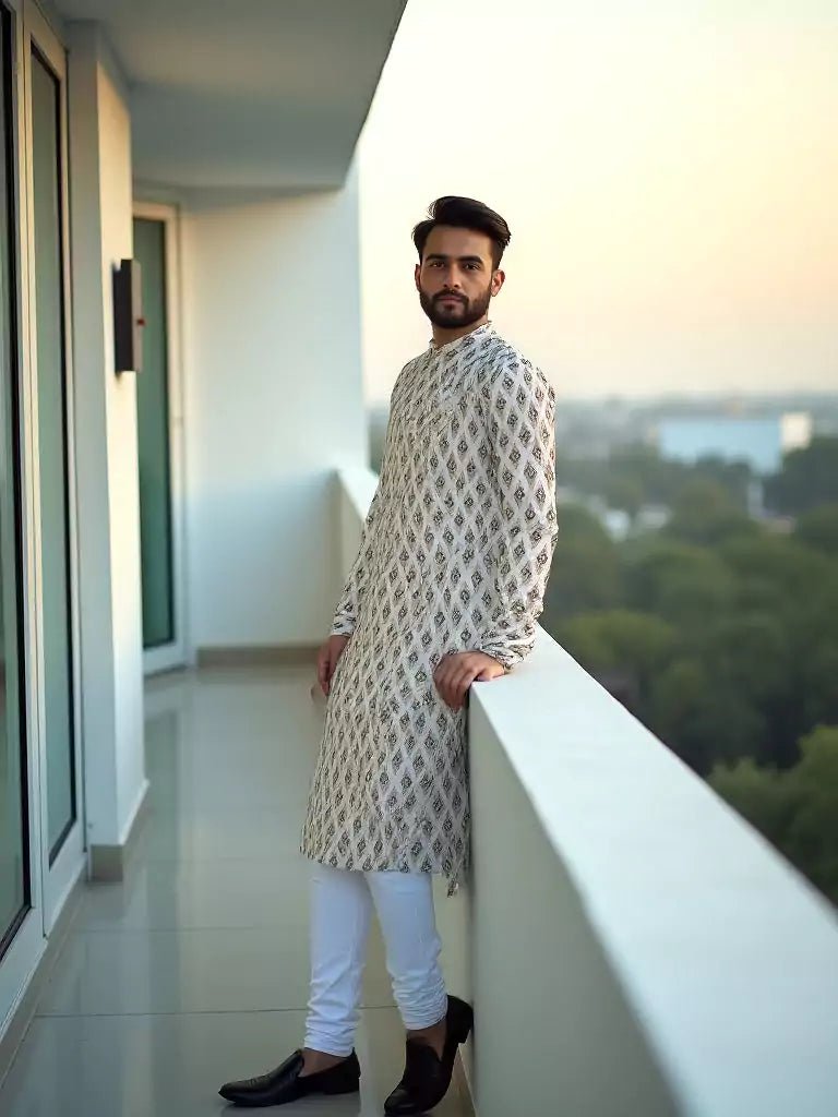 Image of Fawn Coloured Ikat Print Cotton Kurta - South India Shopping Mall