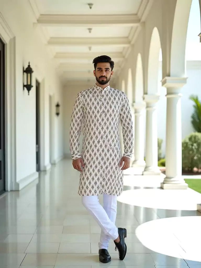 Image of Fawn Coloured Ikat Print Cotton Kurta - South India Shopping Mall