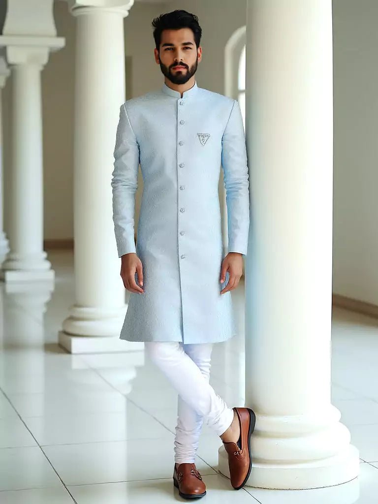 Image of Firozi Colour Floral Jacquard Semi - Indo Set - South India Shopping Mall