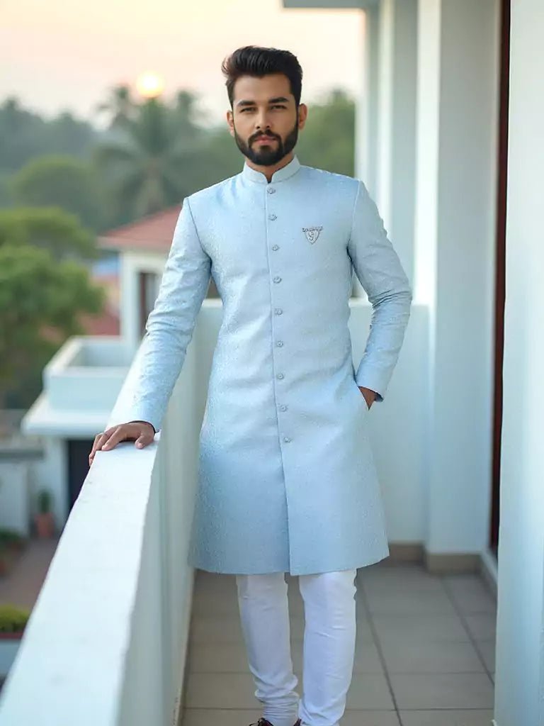 Image of Firozi Colour Floral Jacquard Semi - Indo Set - South India Shopping Mall