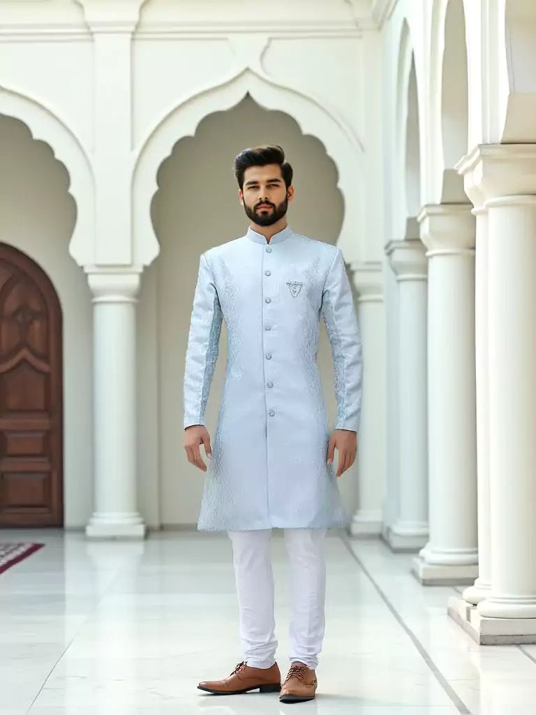 Image of Firozi Colour Floral Jacquard Semi - Indo Set - South India Shopping Mall