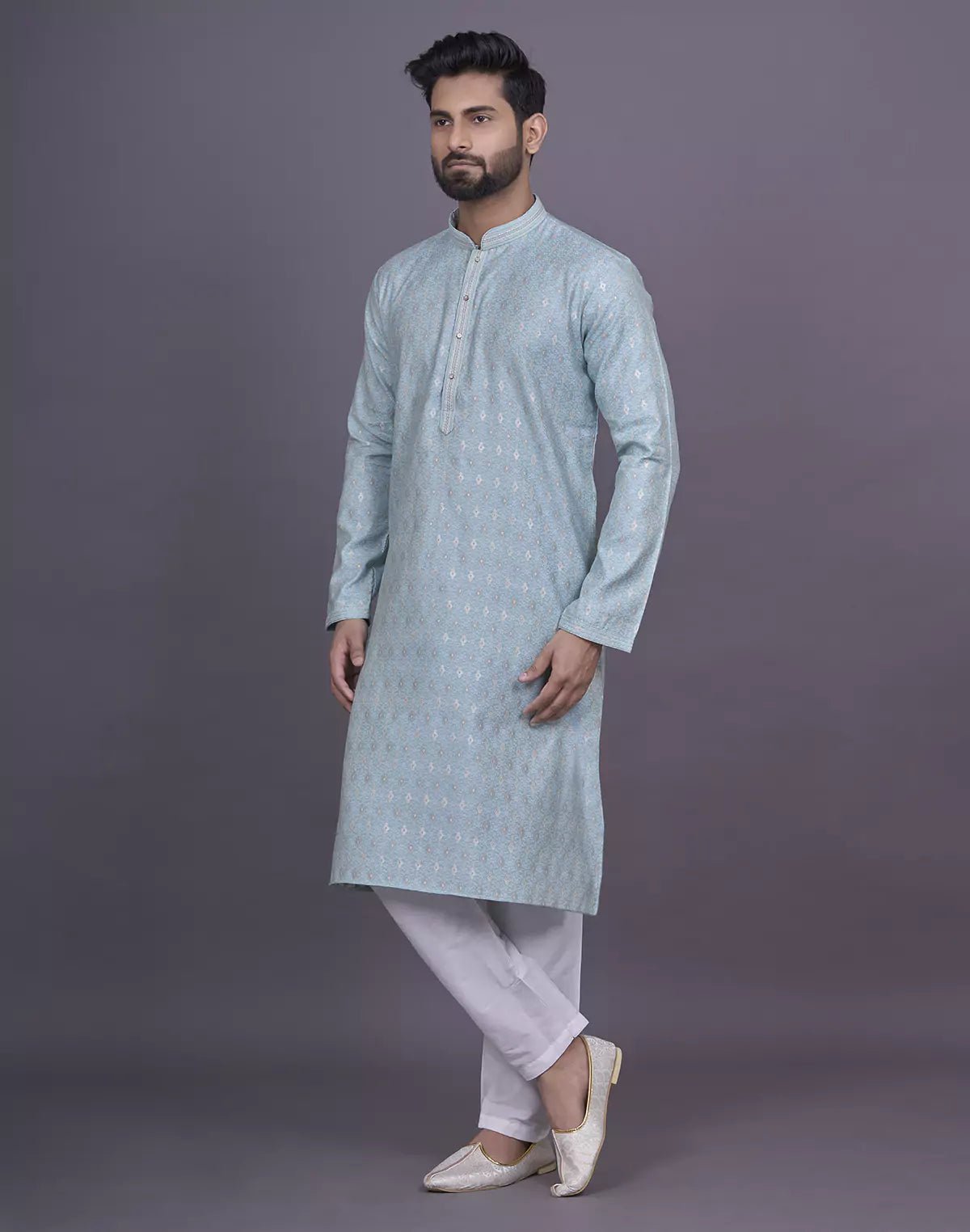 Image of firozi coloured floral design jacquard kurta pyjama set - South India Shopping Mall