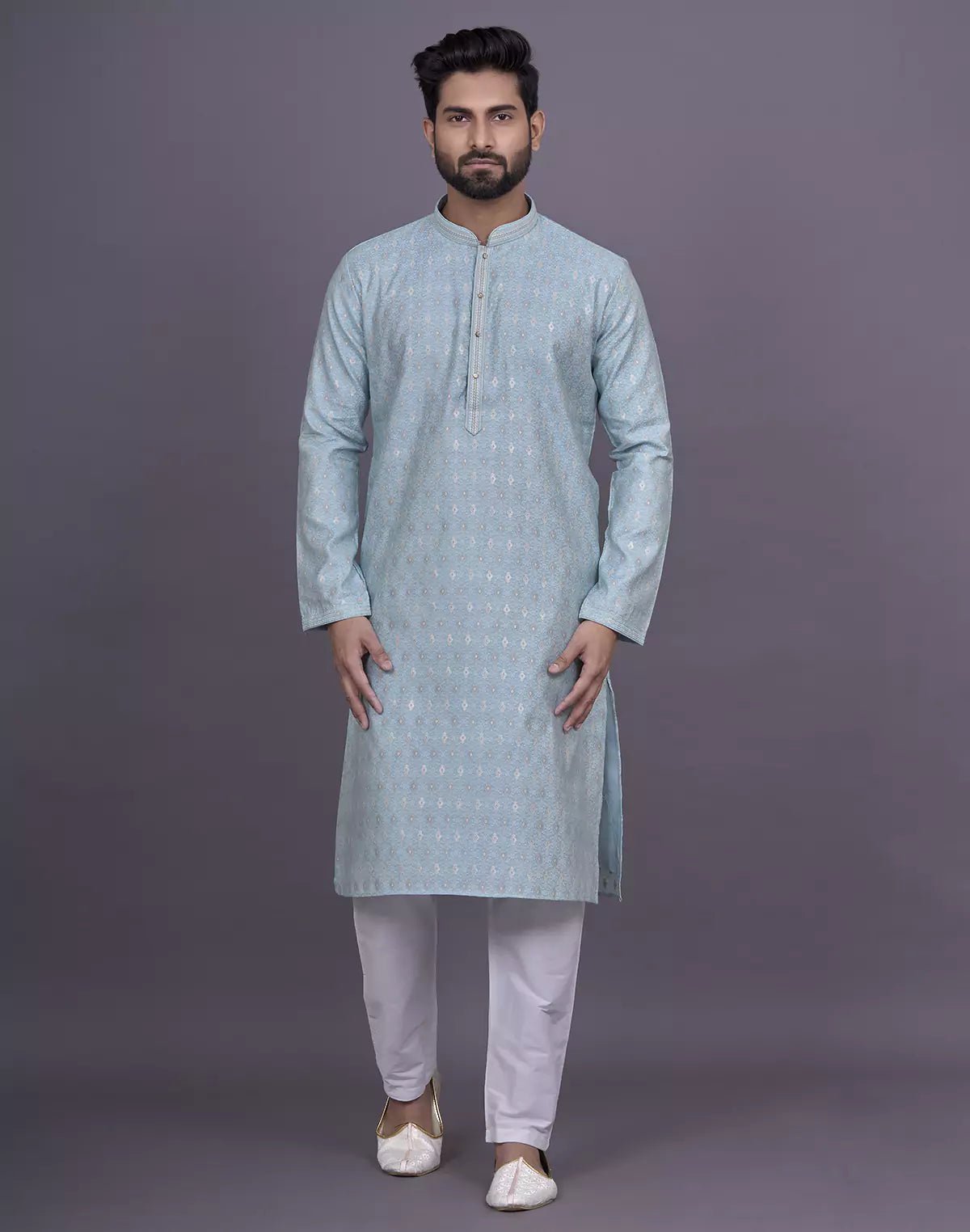 Image of firozi coloured floral design jacquard kurta pyjama set - South India Shopping Mall