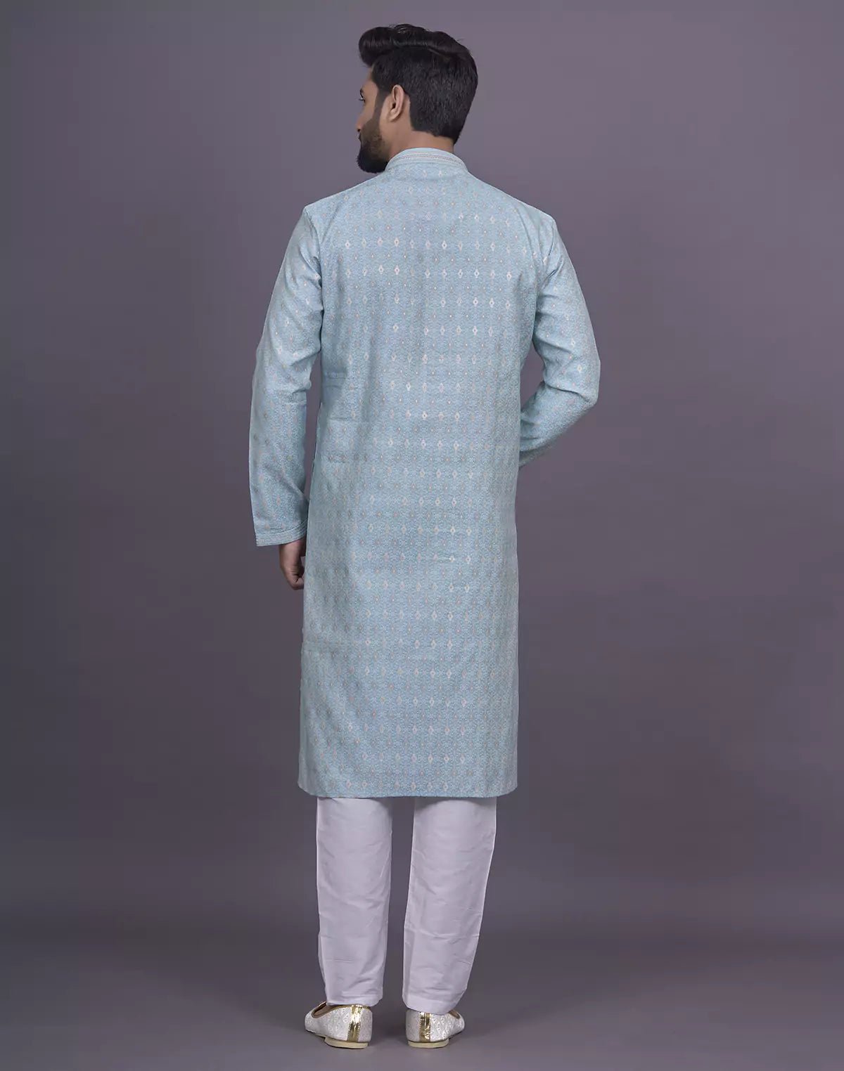 Image of firozi coloured floral design jacquard kurta pyjama set - South India Shopping Mall