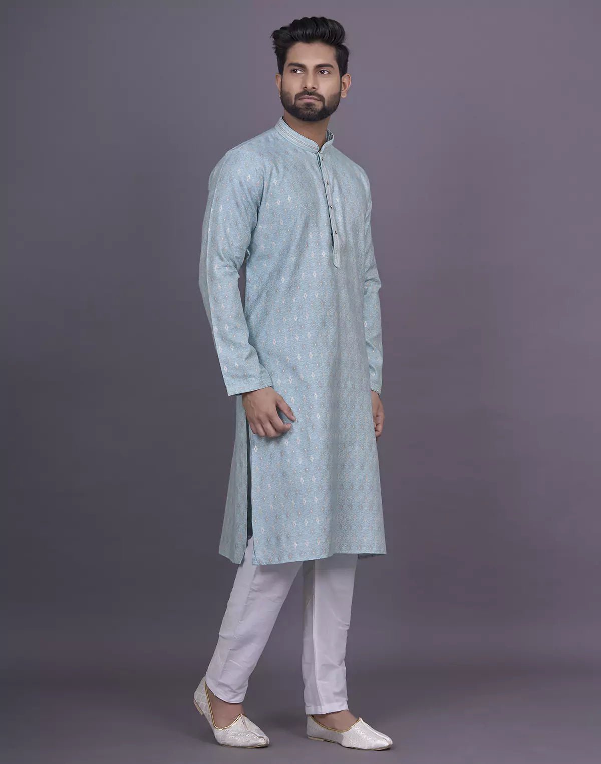Image of firozi coloured floral design jacquard kurta pyjama set - South India Shopping Mall
