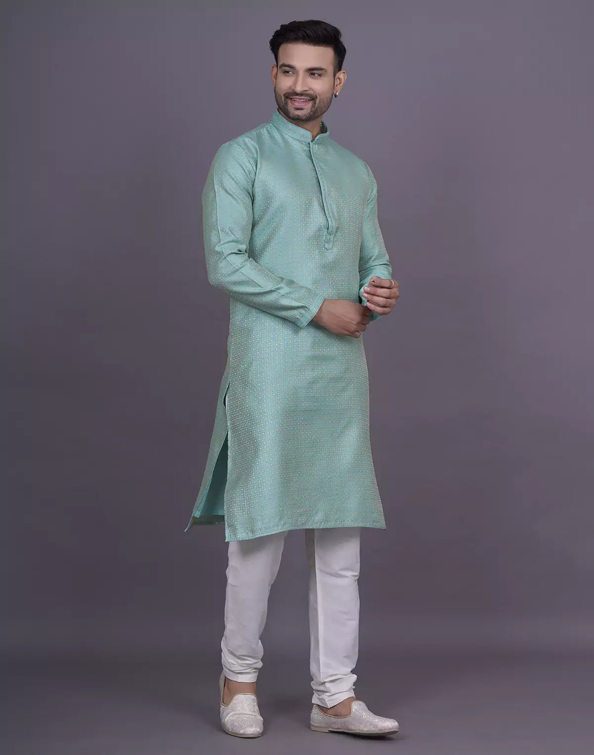 Image of Firozi Coloured Jacquard Kurta Pyjama Set - South India Shopping Mall