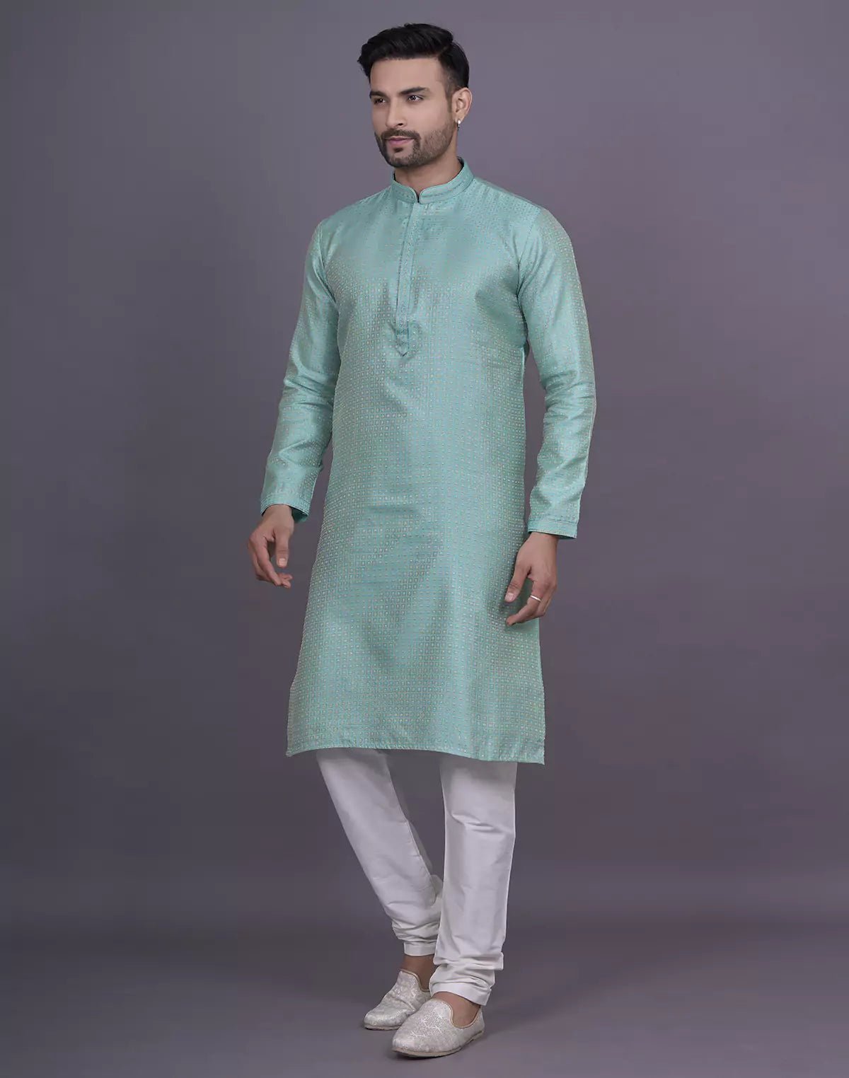Image of Firozi Coloured Jacquard Kurta Pyjama Set - South India Shopping Mall