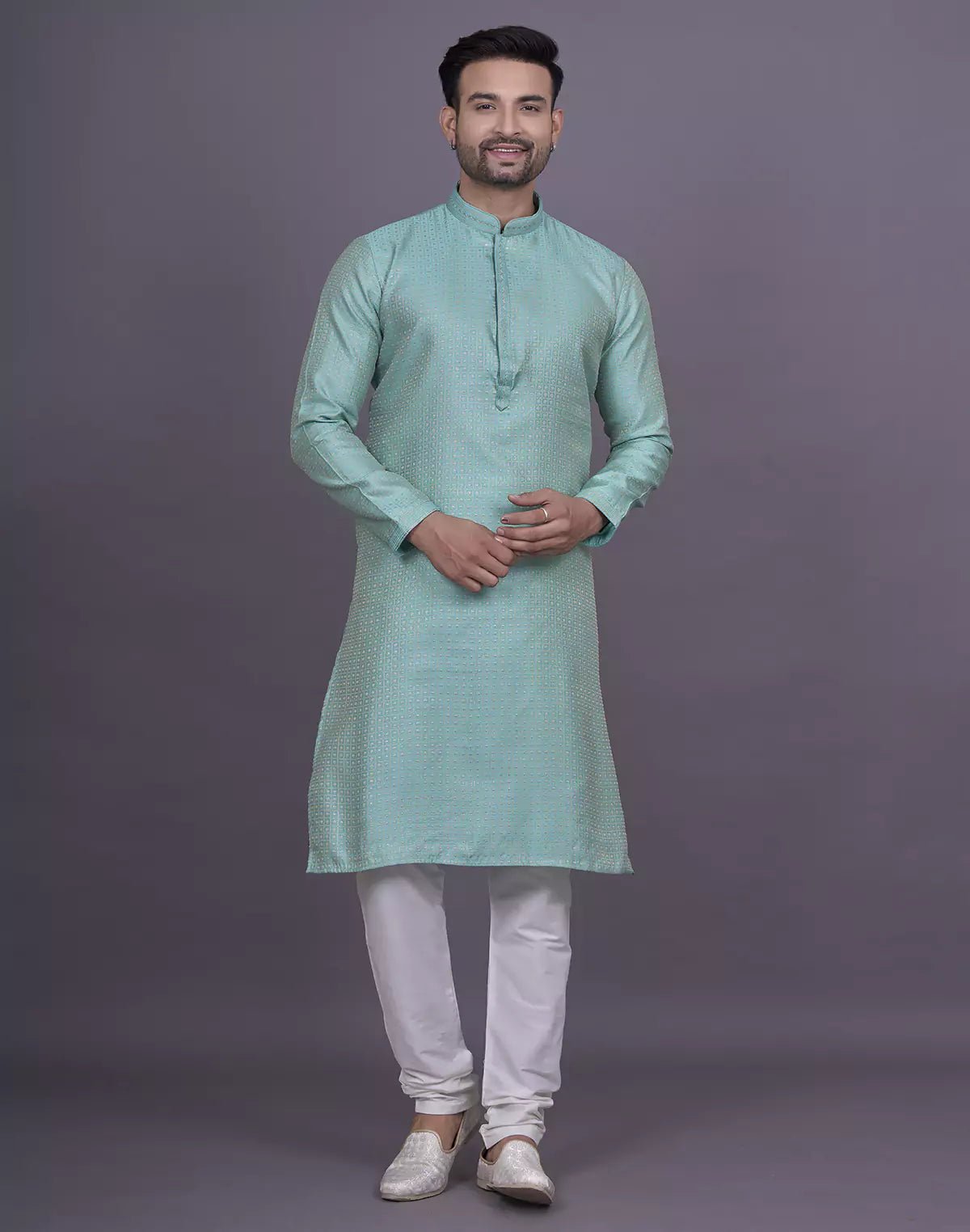 Image of Firozi Coloured Jacquard Kurta Pyjama Set - South India Shopping Mall
