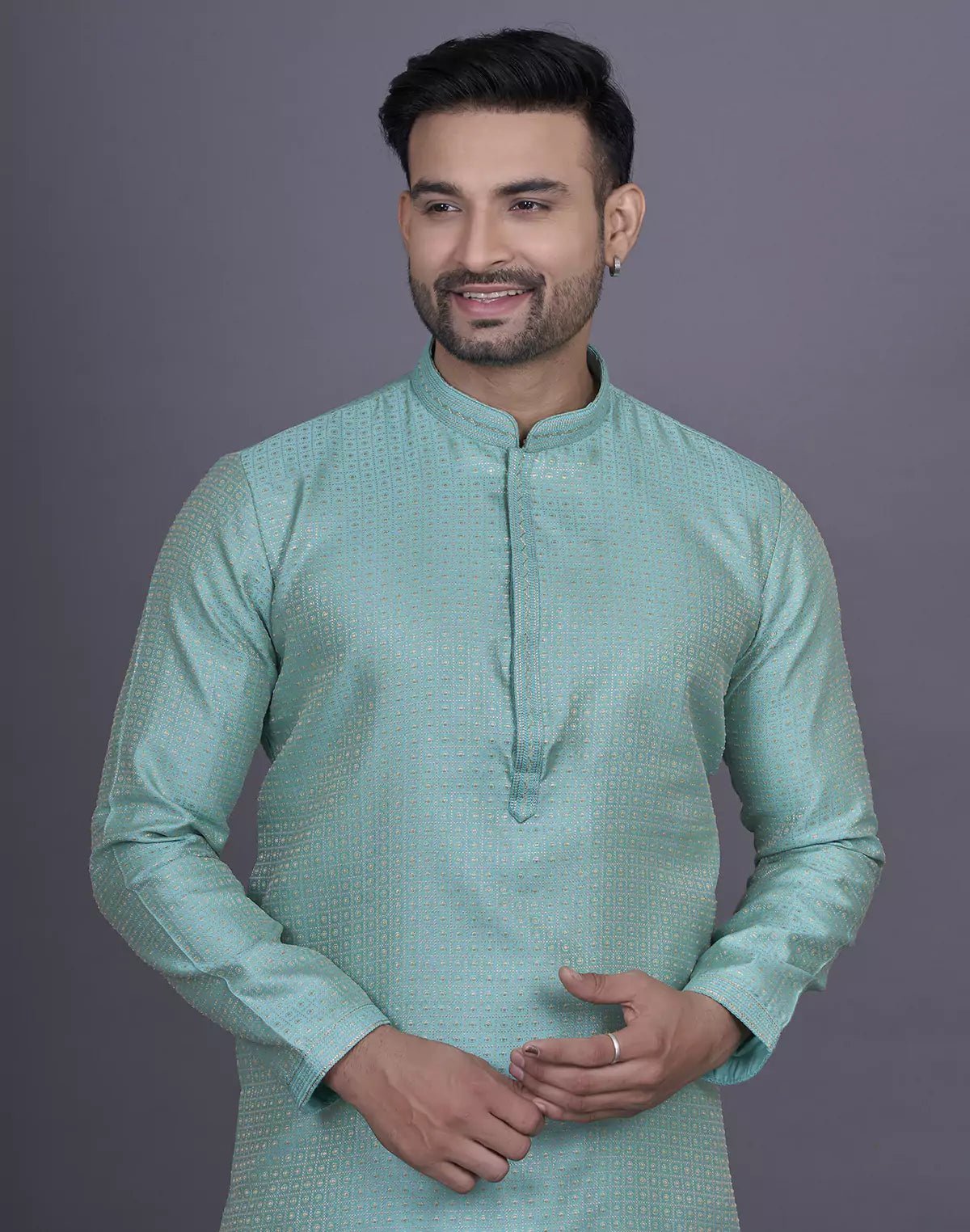 Image of Firozi Coloured Jacquard Kurta Pyjama Set - South India Shopping Mall