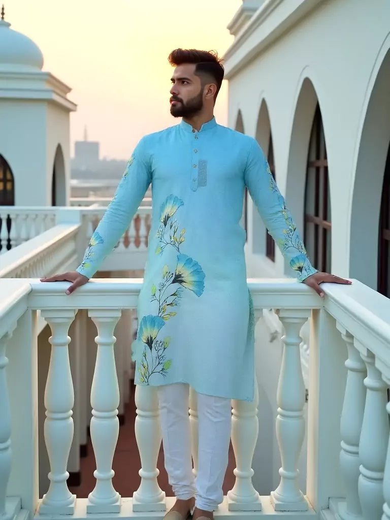 Image of Firozi Coloured Multi Floral Printed Cotton Kurta Set - South India Shopping Mall